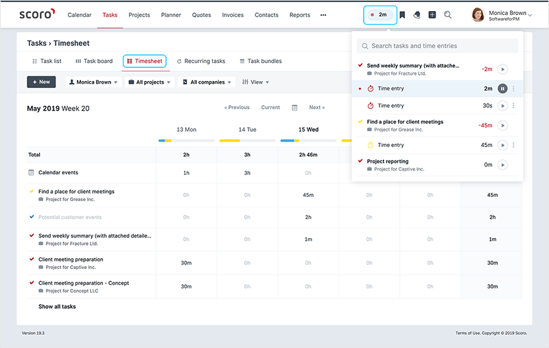 time tracking in Scoro